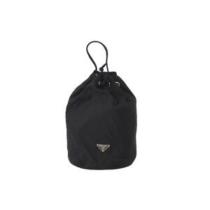 PRADA Drawstring Bag Pouch Triangle Logo Plate Black